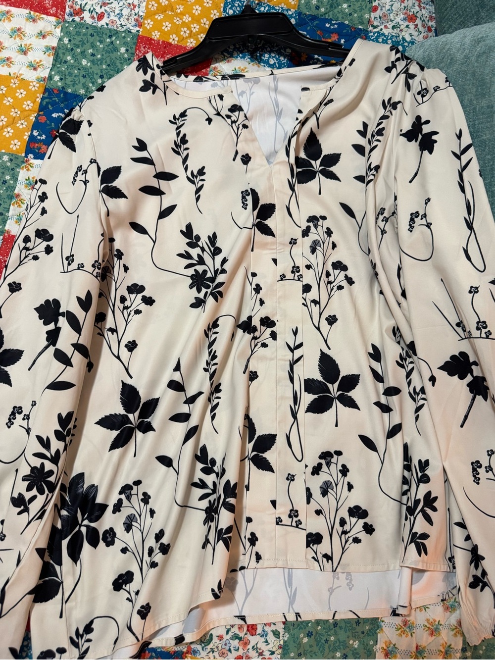 Cream Blouse with Black Botanical Print